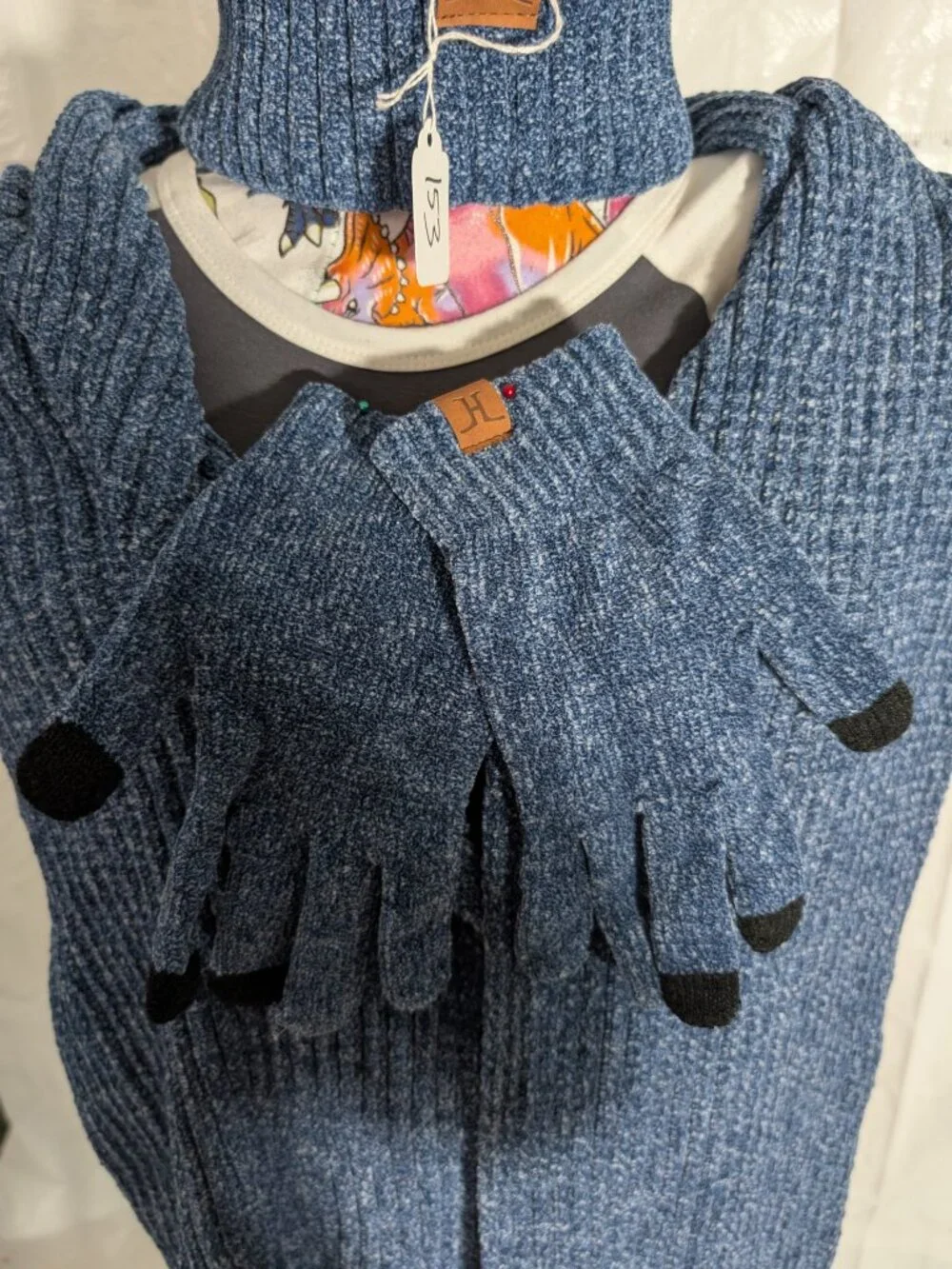 3 Piece Winter Knit Set Blue Beanie, Scarf, Gloves Unisex One Size